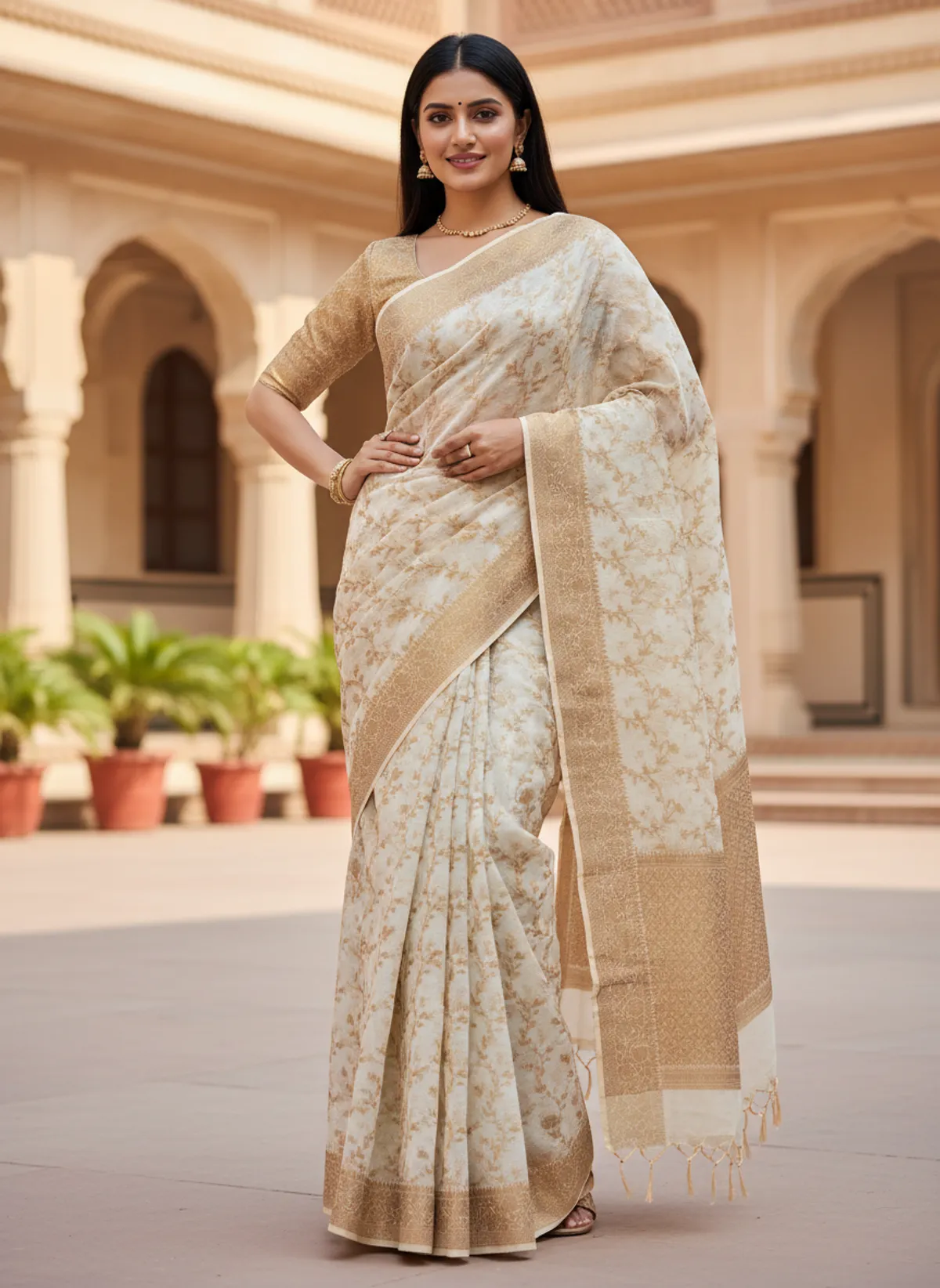 Cream Banarasi Premium Cotton Silk Jaal Work Saree Authentic Indian Silk